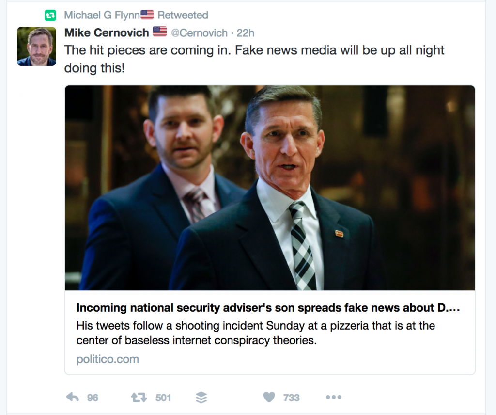 Son of Trump's National Security pick pushes fake #pizzagate story ...