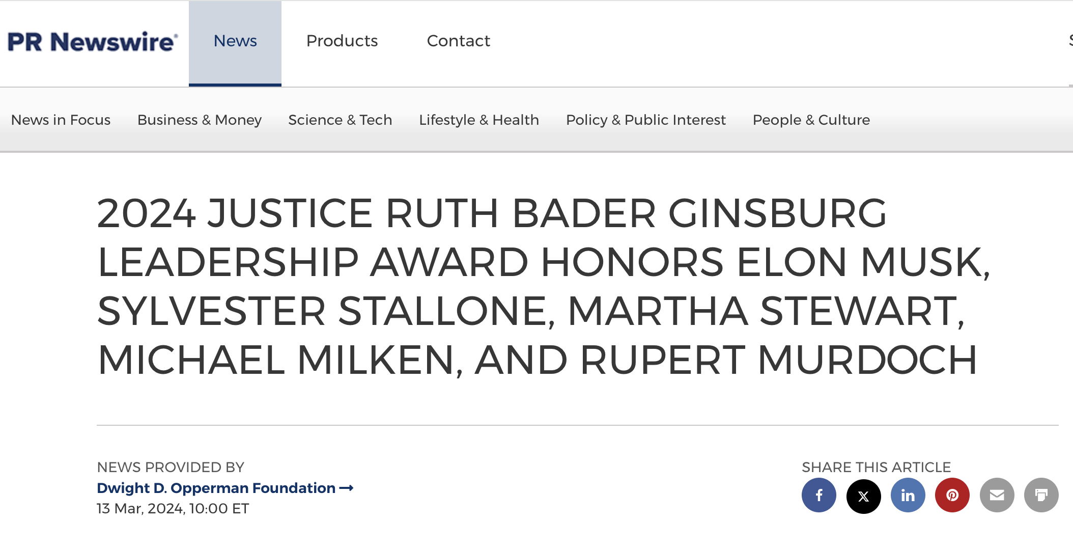 Screenshot Dwight D. Opperman Foundation PR Newswire headline
