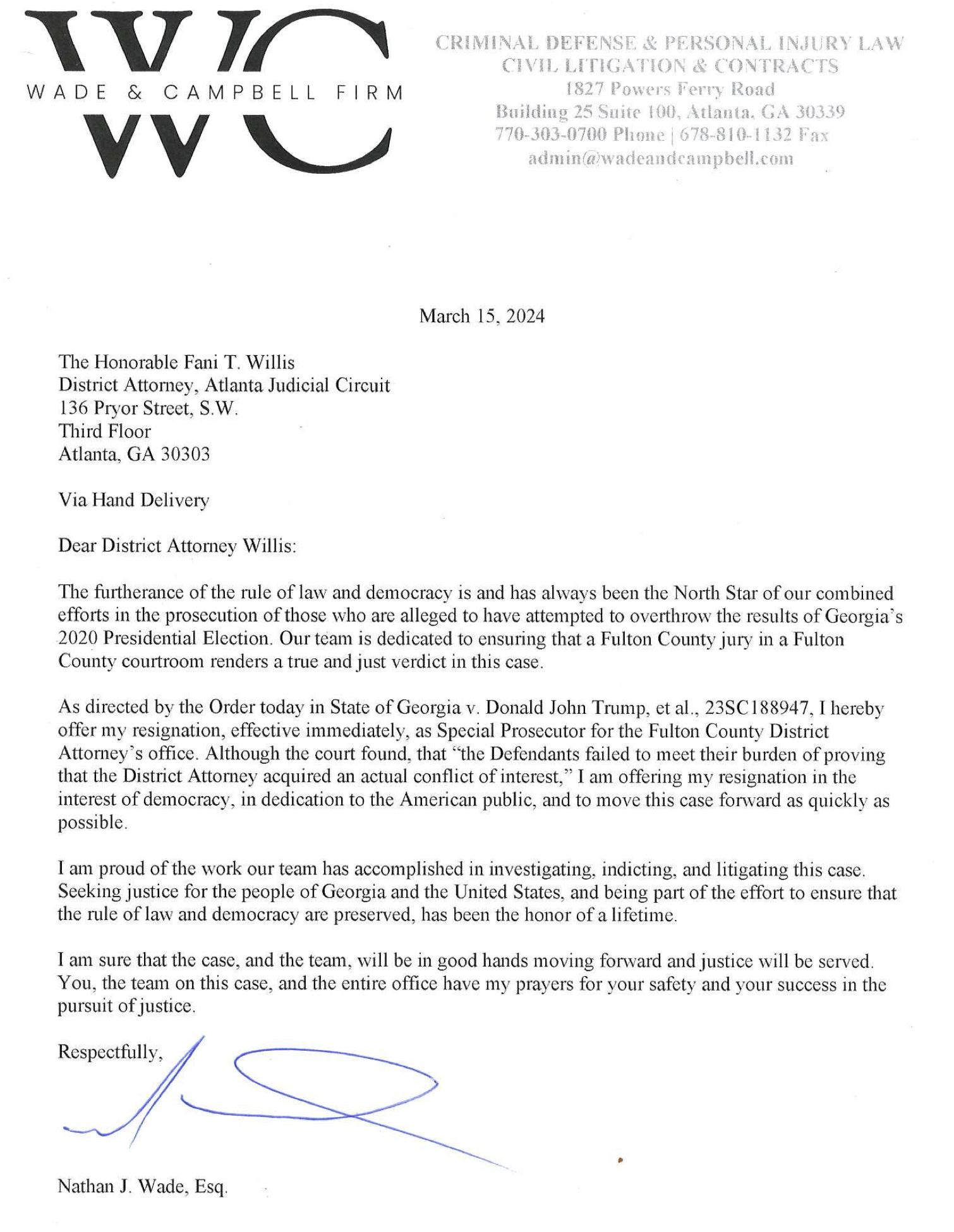 Nathan Wade resignation letter