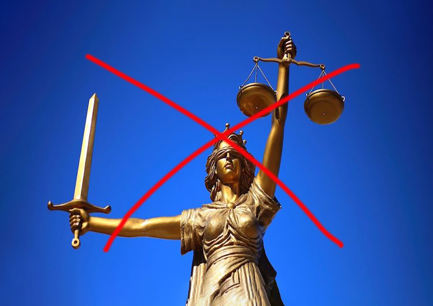 lady justice with red X