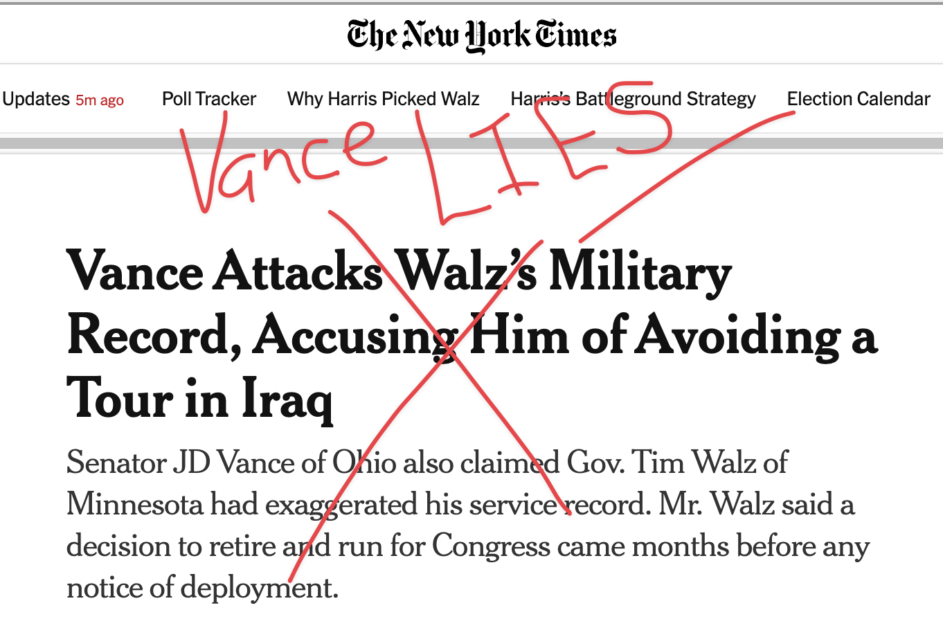 NYT, Politco, CNN all lead with a lie: the false Vance attack on Walz’s military record