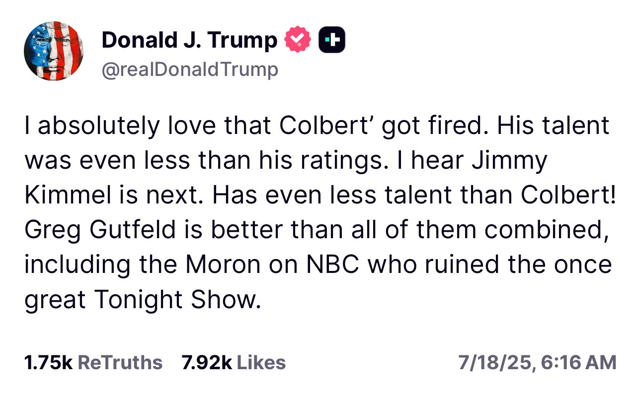Trump calls Kimmel to be the next comedian to be run off the air.