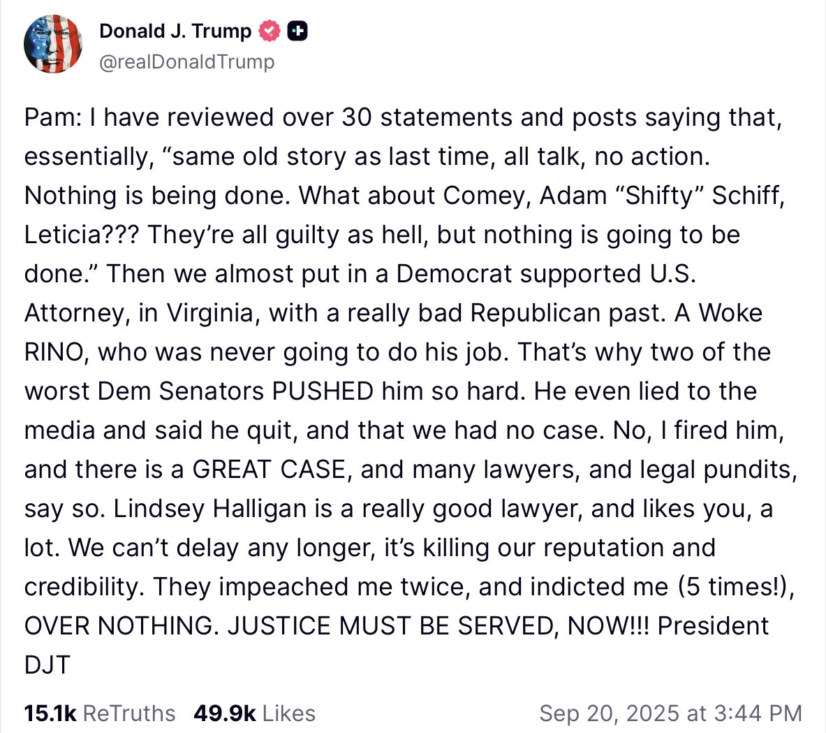 Trump calls for Bondi to prosecute perceived enemies