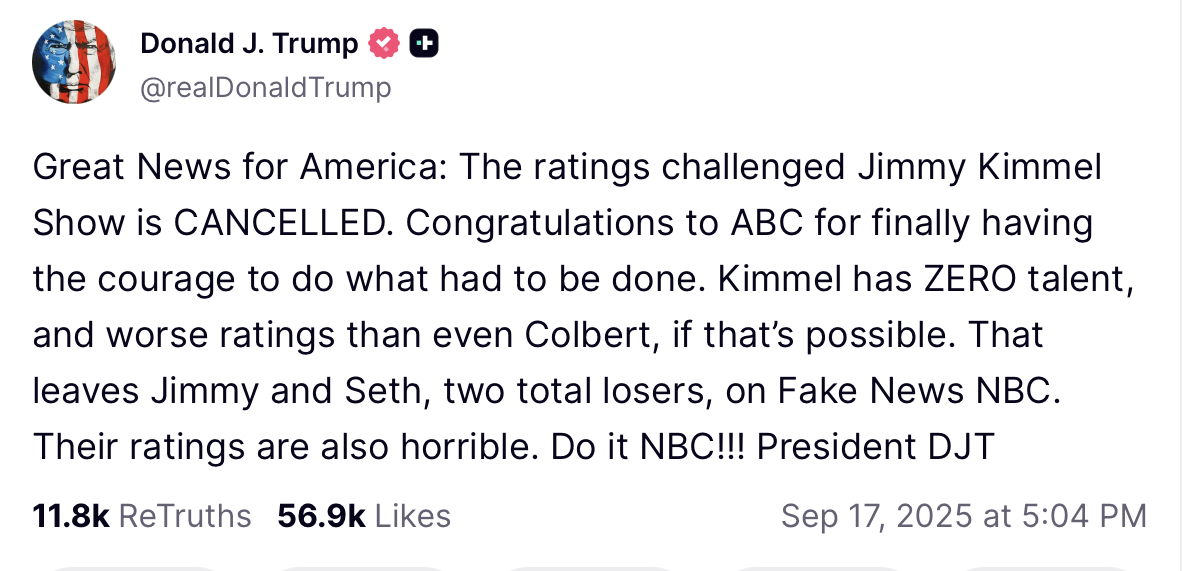 Trump crows over Kimmel Live suspension.