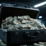 Open briefcase filled with stacks of us dollar bills in industrial setting