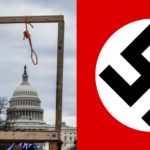 Montage of noose on Jan 6, 2021 and Nazi flag featuring swastika