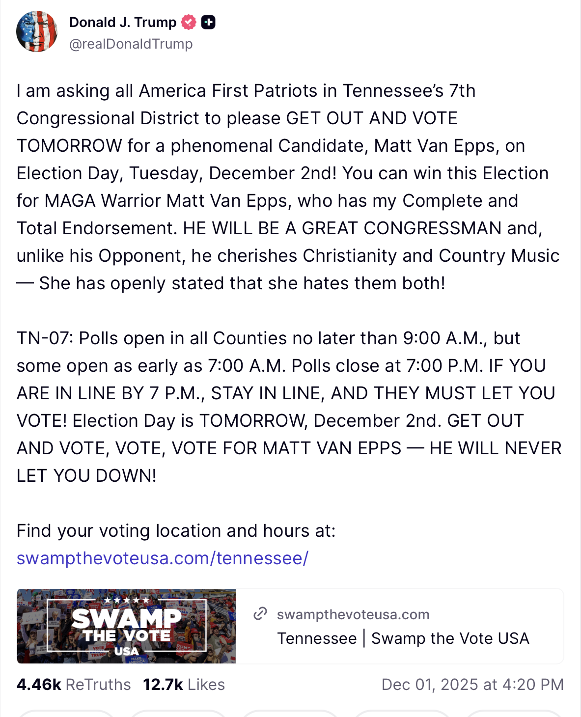 Donald Trump electioneering on Truth Social