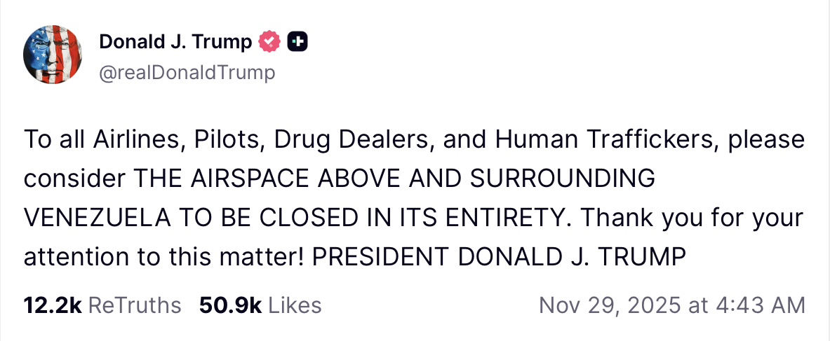 Trump Truth Social post on Venezuelan air space