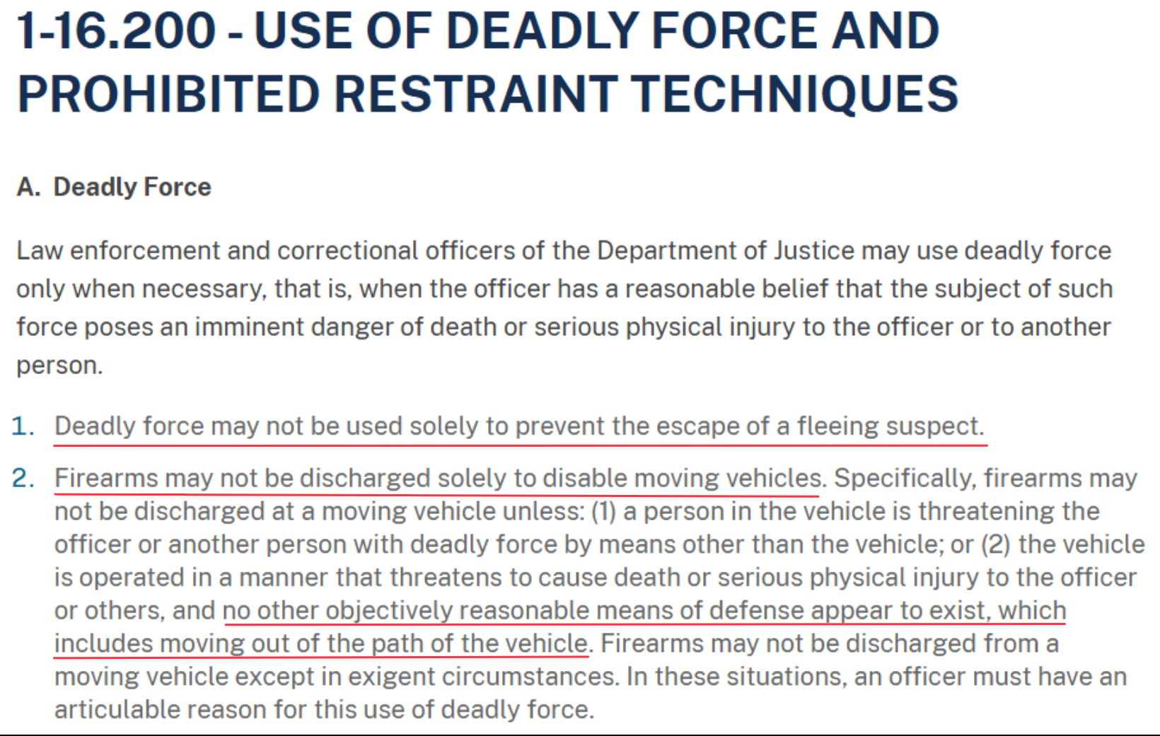 DOJ policy on deadly force, highlighted