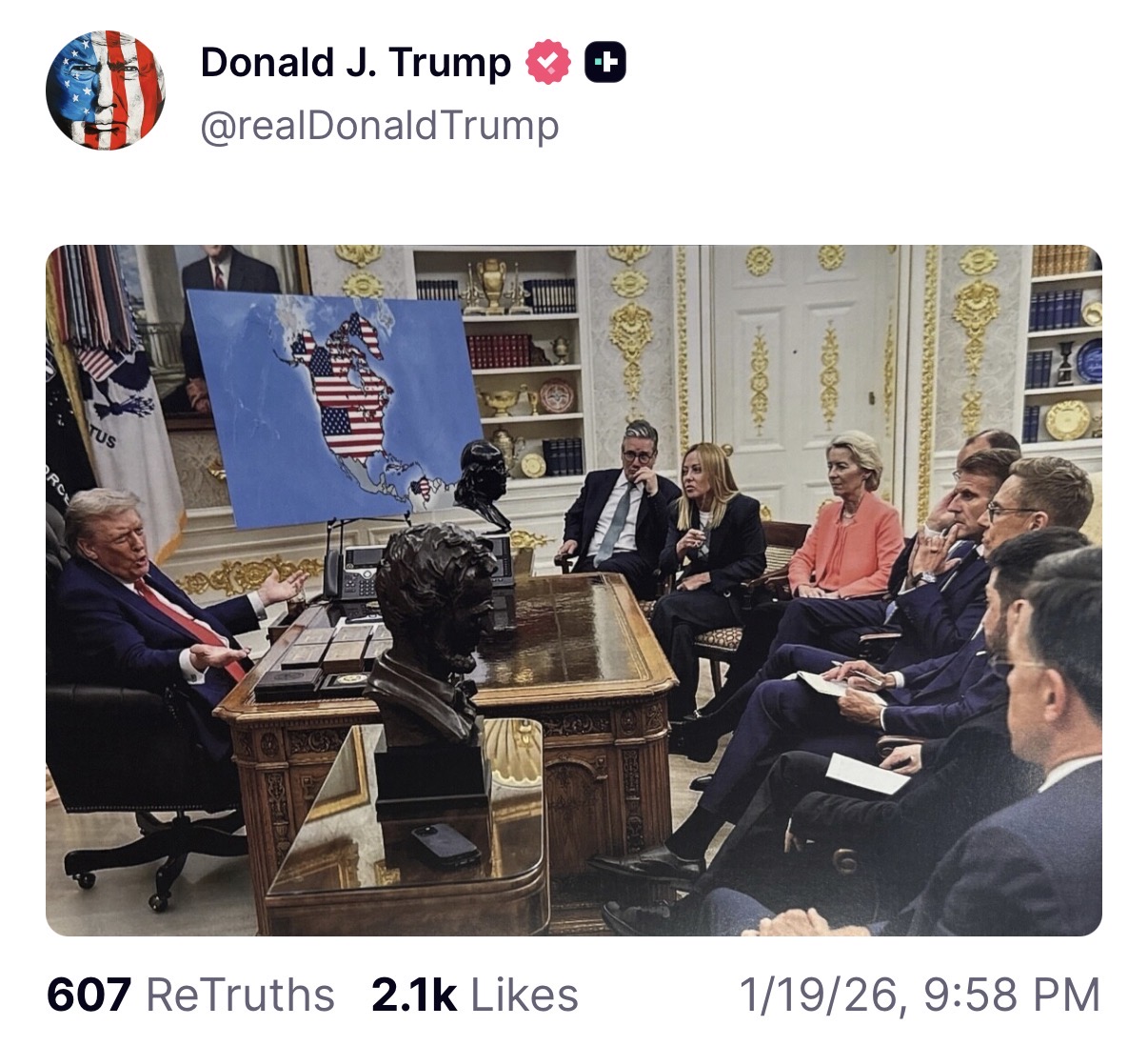 Truth Social post of meeting with map showing US conquests