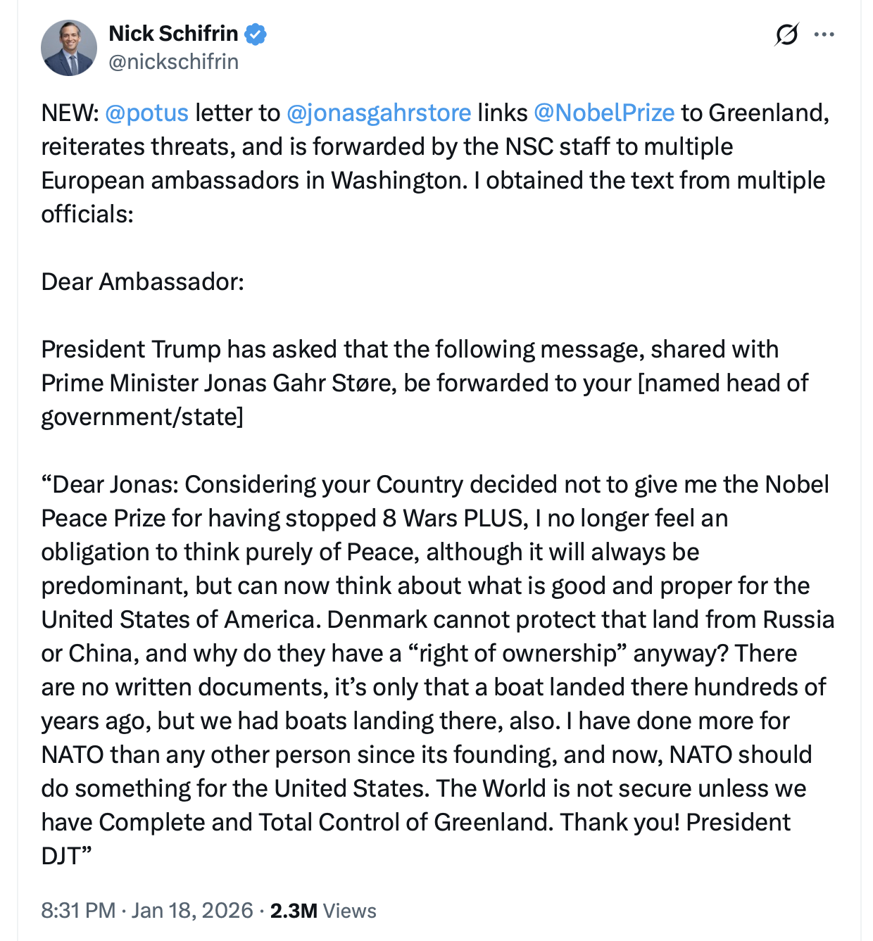 letter Trump sent European ambassadors about Greenland