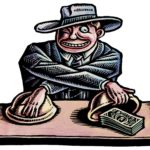 smiling con man in suit and hat playing a shell game, revealing the money under one shell.