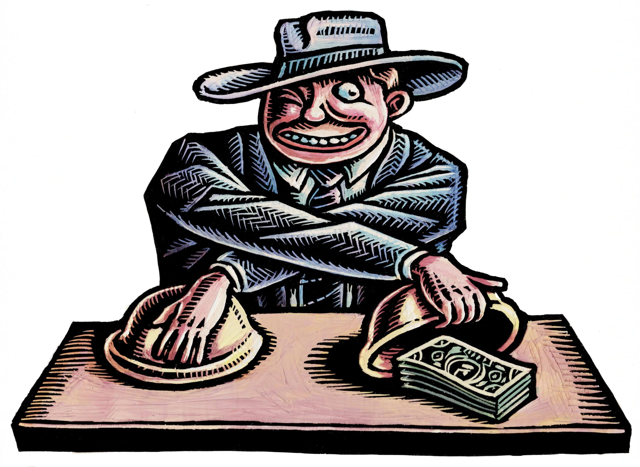 smiling con man in suit and hat playing a shell game, revealing the money under one shell.
