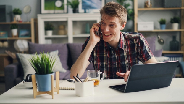 a remote worker on a phone call